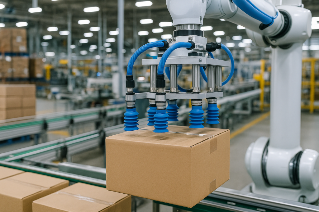 Robotic arm with EOAT bellow vacuum cups lifting a cardboard box on a packaging automation line.