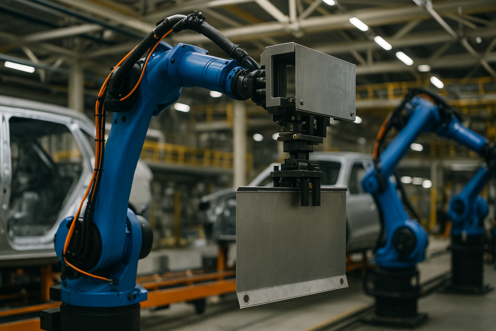 Industrial robot with EOAT mechanical gripper handling automotive metal panels during robotic welding operations.