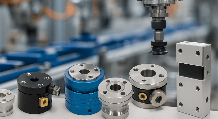 Various types of quick changers for EOAT systems arranged in the foreground, with an automated industrial production line blurred in the background.