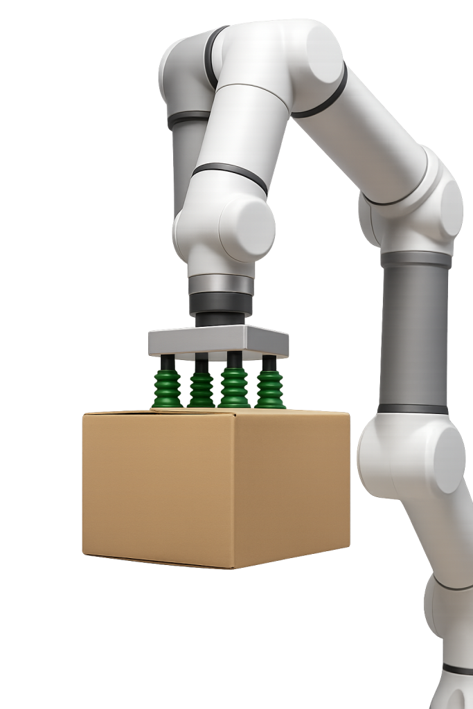 Robotic arm equipped with EOAT bellow vacuum cups lifting and handling cardboard boxes in packaging automation.