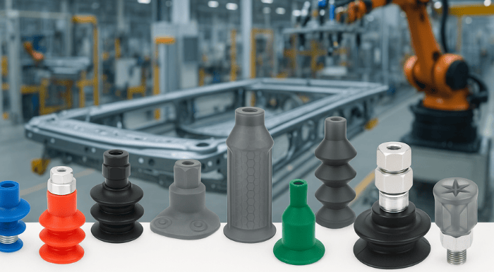 Various types of vacuum cups for EOAT and industrial automation, ideal for smooth and textured surfaces