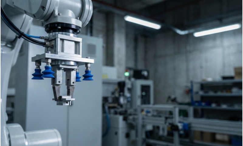 EOAT components integrated on a robotic arm, showing vacuum cups and end-of-arm tooling engineered for industrial automation