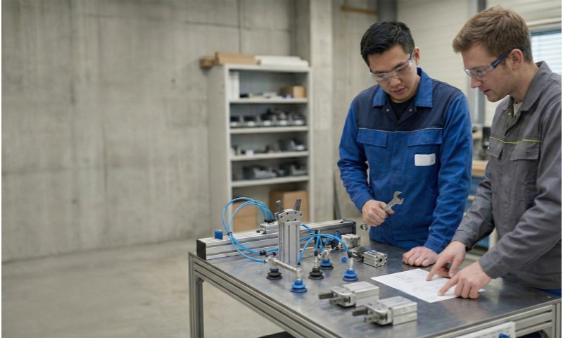 Engineering team working on EOAT solutions for industrial automation, focusing on vacuum cups, grippers, and end-of-arm tooling systems